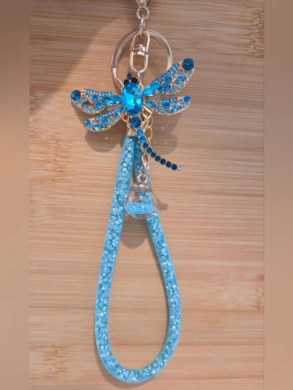 🩵 Luxury Blue Rhinestone Dragonfly & Crystal Mesh Wristlet Keychain